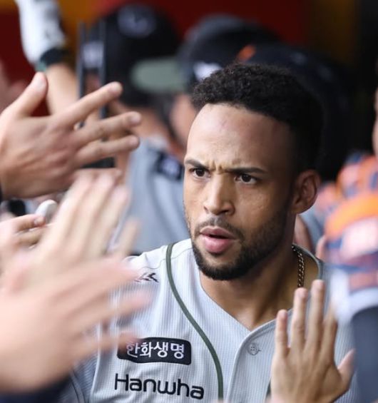 [서울=뉴스핌] 한화의 외국인 타자 루이스 리베라토가 지난 28일 문학 SSG와의 경기에서 드류 앤더슨을 상대로 역전 3점 홈런을 기록한 뒤 더그아웃에서 팀원들과 하이파이브 하고 있다. [사진 = 한화] 2025.06.28 wcn05002@newspim.com