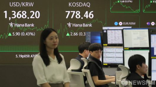 [서울=뉴스핌] 양윤모 기자 = 7일 오후 코스피가 전장 종가보다 5.19 포인트(0.17%) 상승하며 3,059.47로, 코스닥은 2.66포인트(0.34%) 상승한 778.46으로 마감한 가운데, 서울 중구 하나은행 딜링룸에서 직원들이 업무를 보고 있다.  서울외환시장에서 원·달러 환율은 전장 대비 5.90원 상승한 1,368.20원에 거래를 마감했다. 2025.07.07 yym58@newspim.com