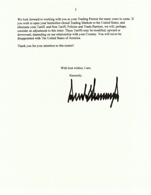 트럼프 대통령이 자신의 소셜미디어 '트루스소셜'에서 공개한 우리나라에 보낸 서한 [자료=트럼프 대통령 트루스소셜 계정]