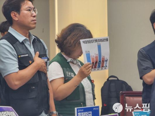 [세종=뉴스핌] 양가희 기자 = 10일 정부세종청사에서 열린 최저임금위원회 제12차 전원회의 시작에 앞서 국민의례가 진행되는 가운데 민주노총 소속 도명화 근로자위원(가운데)은 국기에 대한 맹세를 하지 않고 '역대 정권 임기 첫 해 최저임금인상률' 그래프가 인쇄된 종이를 들고 고개를 숙이고 있다. 2025.07.10 sheep@newspim.com