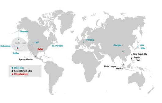 TI의 댈러스 본사, 웨이퍼 팹, 조립/테스트 시설 위치 [자료 = 텍사스 인스트루먼트]