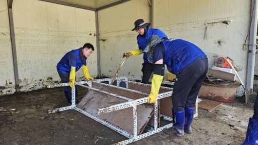 경기도의회 더불어민주당(대표의원 최종현, 수원7) 의원들이 25일 집중호우로 피해를 입은 가평 축산농가를 방문해 수해복구에 나섰다. [사진=경기도의회]