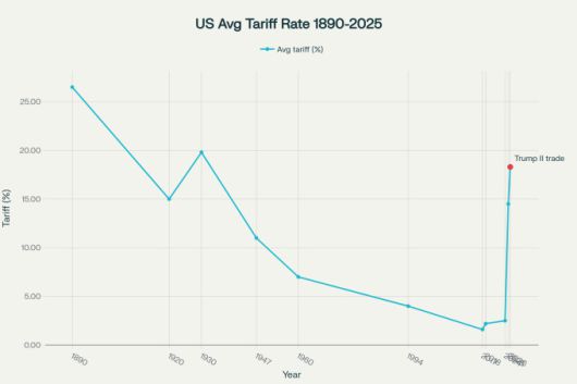 미국 평균 유효 관세율 추이(1980~2025). 트럼프 상호관세 부과시 18.3%로 급등할 것이란 추산치 반영. [자료=예일대 예산연구소] [그래픽= 퍼플렉시티]