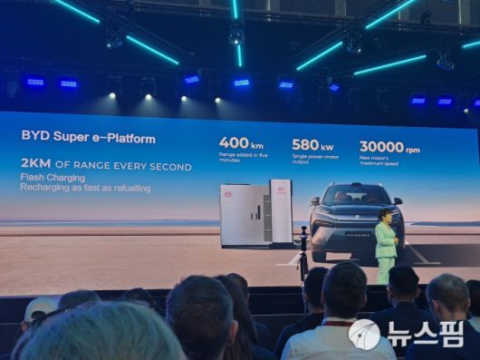[뮌헨=뉴스핌] 김승현 기자 = 중국 전기차(NEV) 제조사 BYD가 유럽 최대 모터쇼인 'IAA 모빌리티 2025'에서 유럽 현지 첫 생산 공장 계획을 발표하고, 두 번째 슈퍼 하이브리드 모델 '씰 6 DM-i 투어링'을 최초로 공개했다. 스텔라 리 BYD 부회장이 발표하고 있다. 2025.09.08 kimsh@newspim.com
