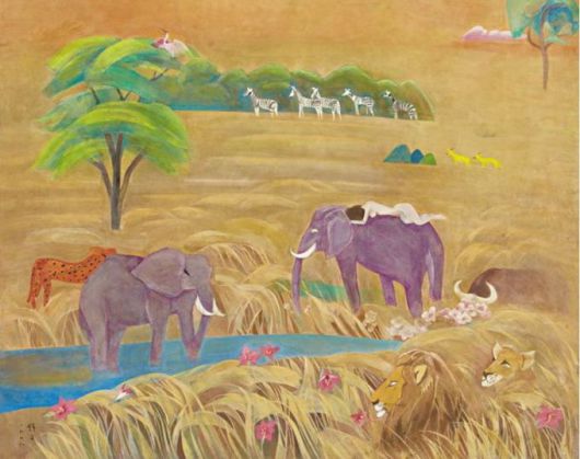 [서울=뉴스핌]이영란 미술전문기자=천경자, '초원 Ⅱ', 1978, 종이에 채색, 104x129cm, 개인소장. 국내 미술품 경매에서 여성화가의 작품으로는 최고가인 20억원에 낙찰돼 큰 화제를 모은 작품이다.  2025.09.25 art29@newspim.com