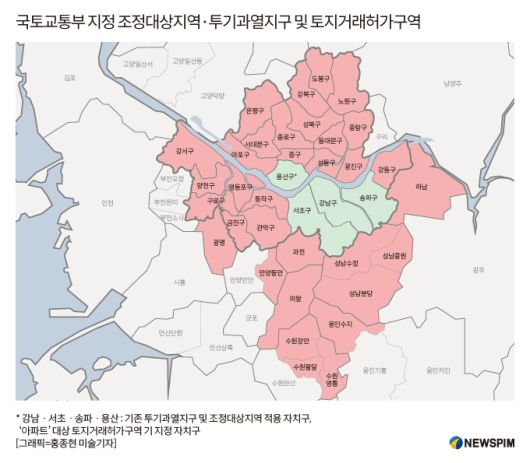 국토교통부 지정 조정대상지역·투기과열지구 및 토지거래허가구역 [그래픽=홍종현 미술기자]