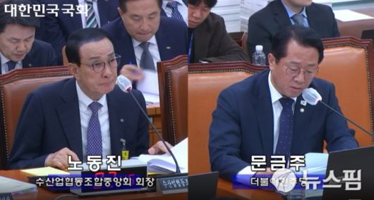 문금주 더불어민주당 의원이 27일 국회 농림축산식품해양수산위원회 국정감사에서 노동진 수협중앙회 회장에게 질의하고 있다. [사진=국회 의사중계시스템] 2025.10.27 dream@newspim.com