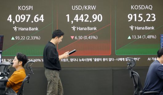 [서울=뉴스핌] 류기찬 기자 = 6일 오전 서울 중구 하나은행 딜링룸 전광판에 코스피, 달러/원, 코스닥 지수가 표시되고 있다. 이날 코스피 지수는 전장 대비 88.04포인트(2.20%) 오른 4092.46에, 코스닥 지수는 13.54포인트(1.50%) 오른 915.43에 장을 시작했다. 달러/원 환율은 전장보다 7.40원 내린 1442.00으로 출발했다. 2025.11.06. ryuchan0925@newspim.com