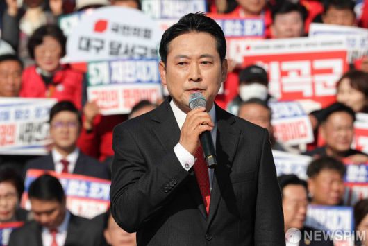 [서울=뉴스핌] 윤창빈 기자 = 장동혁 국민의힘 대표가 12일 서울 여의도 국회 본관 계단에서 열린 대장동 일당 7400억 국고 환수 촉구 및 검찰 항소포기 외압 규탄대회에서 규탄사를 하고 있다. 2025.11.12 pangbin@newspim.com