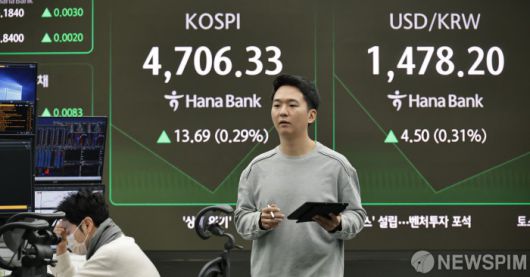 [서울=뉴스핌] 양윤모 기자 = 14일 오전 코스피가 전장 종가보다 13.69포인트(0.29%) 상승하며 4706.33으로, 코스닥은 0.61 포인트(0.06%) 하락한 948.37로 장을 시작한 가운데, 서울 중구 하나은행 딜링룸에서 직원들이 업무를 보고 있다.  서울외환시장에서 달러/원 환율은 전장 대비 4.50원 상승한 1478.20원에 주간거래를 시작했다. 2026.01.14 yym58@newspim.com
