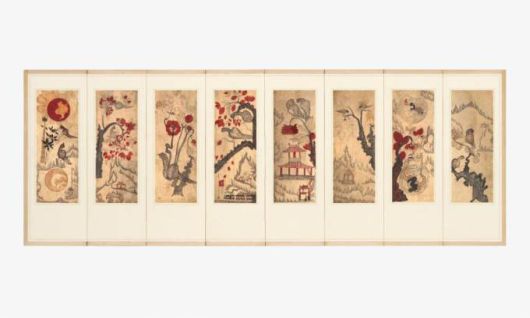 [서울=뉴스핌]이영란 미술전문기자=갤러리현대 본관서 개막한 '장엄과 창의: 한국 민화의 변주'전에 출품된 '화조산수도'. 그림 속에 달리는 기차가 그려져 일제강점기 때 제작된 것으로 추정된다. [사진=갤러리현대]   2026.01.15 art29@newspim.com