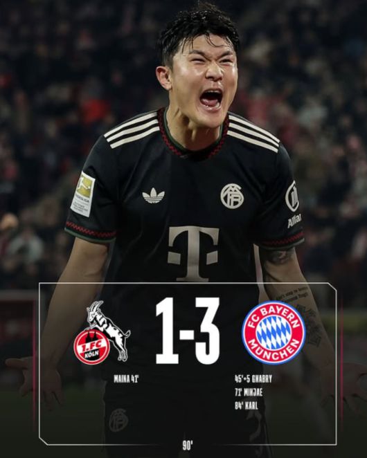 [서울=뉴스핌] 뮌헨이 15일 열린 쾰른과의 경기에서 김민재의 역전골에 힘입어 3-1로 승리를 거뒀다. [사진 = 뮌헨 SNS] 2026.01.15 wcn05002@newspim.com