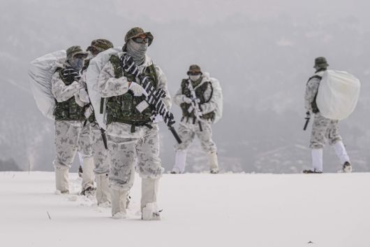 지난 15일 해병대 특수수색여단 장병들이 팀 단위 대형을 유지한 채 설상 기동 및 은밀 침투 훈련을 실시하고 있다. [사진=해병대사령부 제공] 2026.01.16 gomsi@newspim.com