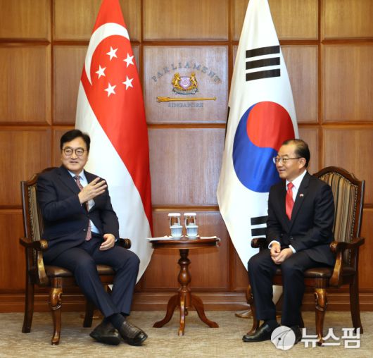 우원식 의장이 19일(현지시간) 싱가포르 시아 키앤 펭 의장과 면담하고 있다. [사진=국회의장실]