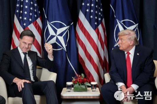 21일(현지시간) 스위스 다보스에서 열린 세계경제포럼(WEF) 연차총회를 계기로 마르크 뤼터 나토 사무총장과 회담하는 도널드 트럼프 미국 대통령. [사진=로이터 뉴스핌]