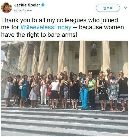 미국 여성 하원들이 암묵적인 복장 규제에 항의하기 위해 민소매 차림으로 단체 사진을 촬영했다. (사진=트위터 캡처)