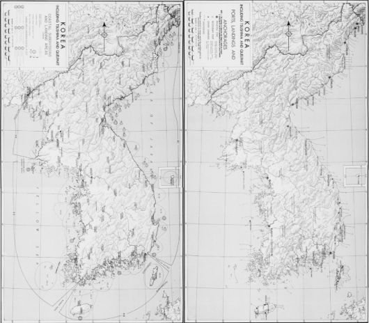 사진 3. JANIS 75권 1책에 나와 있는 지도들. 왼쪽은 해안 구획이고 오른쪽은 상륙지점이다. 두 지도 모두 대마도가 역시 명확히 표시돼 있다.