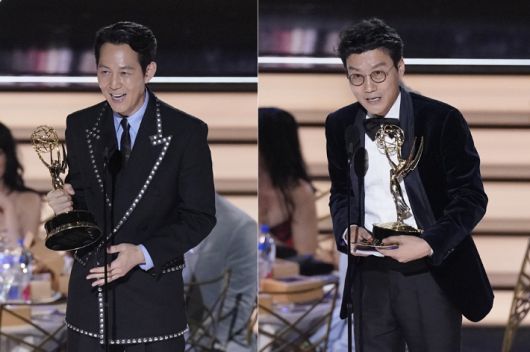 제74회 프라임타임 에미상 시상식에서 비영어권 드라마 최초이자 한국 드라마 최초로 드라마 시리즈 부문 감독상과 남우주연상을 받은 넷플릭스 오리지널 시리즈 '오징어 게임'의 주역 황동혁 감독과 배우 이정재. 연합뉴스