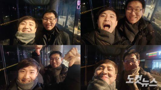 탄핵심판을 준비하며 매일 새벽 퇴근길에 함께한 황영민·전형호 변호사. 놀랍게도 4장의 사진은 모두 다른 날 찍힌 것이다. 왼쪽 상단부터 시계방향으로 1월 26일(비상계엄 선포 요건 준비서면 작업 후) → 2월 3일(국회 침탈 관련 준비서면 작업 후) → 2월 6일(경제수석 증인신문 준비 후) → 2월 24일(종합준비서면 마무리 후 '윤석열 파면'을 외치는 모습). 황영민 변호사 제공