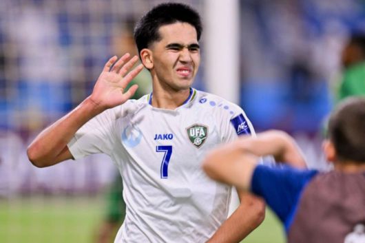 골 세리머니를 펼치는 우즈베키스탄의 사드리딘 카사노프. AFC 제공