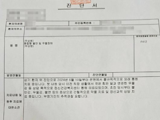 우울장애 진단서. A씨 제공