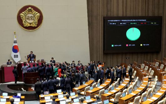 국민의힘 의원들이 1일 국회에서 열린 본회의에서 우원식 국회의장이 최상목 경제부총리 겸 기획재정부 장관 탄핵소추안을 추가 상정하자 항의하고 있다. 연합뉴스