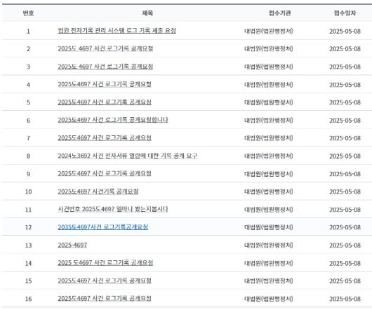 대한민국 법원 사법정보공개포털 정보공개청구 게시목록 게시판 화면 캡처