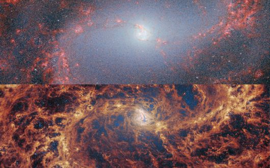 M83을 제임스 웹 우주망원경의 두가지 모드로 관측한 결과물. 근적외선 카메라로 관측한 결과물(위), 중적외선 기기로 관측한 결과물(아래). ESA/NASA/CSA