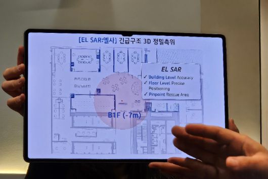 KT는 29일 서울 광화문 사옥에서 5G를 활용한 3차원 정밀 측위 솔루션인 엘사(ELSAR) 기술을 시연했다. KT 제공