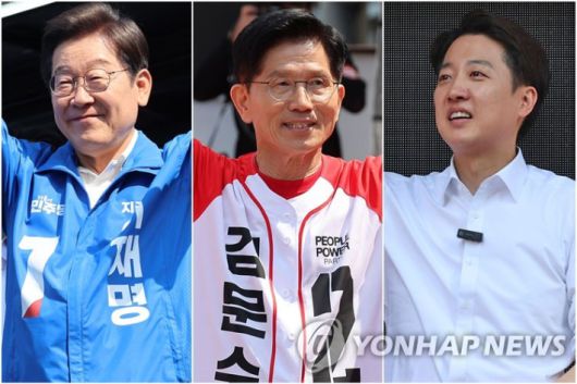 (당진·보령·서울=연합뉴스) 25일 당진에서 유세 나선 이재명 후보(왼쪽부터), 보령에서 집중유세하는 김문수 후보, 종묘 인근 서순라길에서 거리유세하는 이준석 후보 연합뉴스