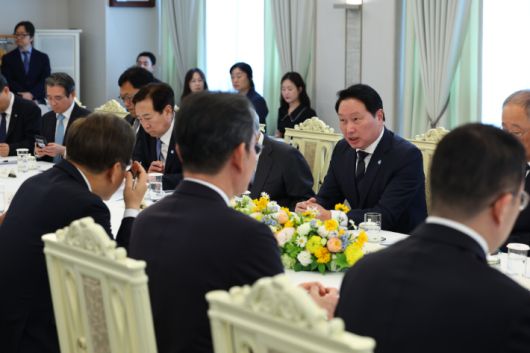 최태원 SK그룹 회장 겸 대한상공회의소 회장이 13일 서울 용산 대통령실에서 열린 이재명 대통령과의 6경제단체·기업인 간담회에서 발언하고 있다. 연합뉴스