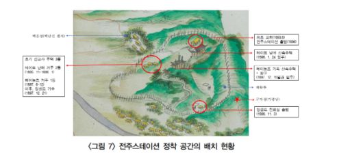 김경미 교수가 자신의 논문 <「완산도형」에 구현된 초기 개신교 전주스테이션 공간 연구>에서 지목한 전주 선교지부의 위치. 김 교수는 제일 높은 언덕에 있는 초가를 은송리 교회라고 지목했다. 김경미 교수 논문 캡처