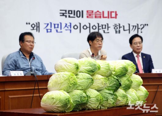 30일 오전 국회에서 열린 국민의힘 주최 김민석 국무총리 후보자 국민청문회장에 배추가 쌓여 있다. 황진환 기자