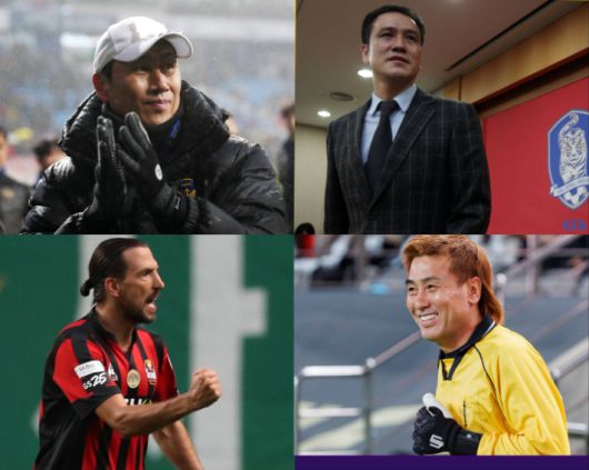 제2회 K리그 명예의 전당 '선수 부문' 헌액자 명단에 이름을 올인 고(故) 유상철 전 인천 유나이티드 감독(사진 위 왼쪽부터 시계방향으로), 김주성, 김병지 강원FC 대표이사, 데얀. 연합뉴스