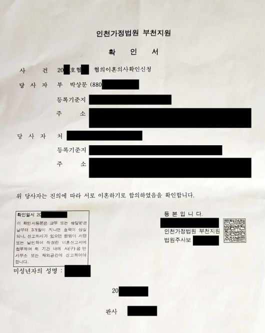 문원과 전 부인의 협의 이혼서. 제이지스타 제공