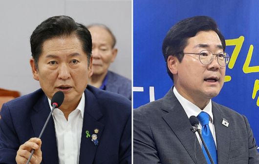 더불어민주당 차기 당 대표 선거에 출마한 정청래 의원(왼쪽)과 박찬대 의원. 연합뉴스