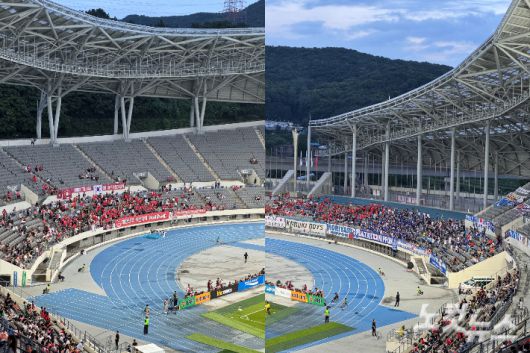 한국과 일본의 동아시안컵 최종 3차전이 열린 15일 용인미르스타디움 관중석, 왼쪽부터 한국-일본 응원석. 김조휘 기자
