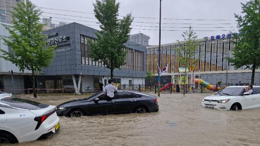 17일 광주 북구청사 인근 도로에서 빗물에 고립된 차량들이 도로 위에 멈춰있다. 독자 제공