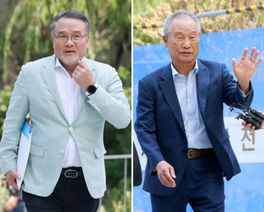 이일준 삼부토건 회장(왼쪽)과 조성옥 전 삼부토건 회장이 10일 김건희 여사 관련 의혹을 수사 중인 민중기 특별검사팀의 조사를 받기 위해 서울 종로구 KT광화문빌딩 웨스트에 마련된 특검 사무실에 출석하고 있다. 연합뉴스