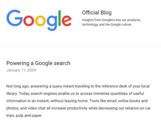 2009년 구글 공식 블로그에 게재된 '구글 검색에 드는 전력' 설명. 구글 블로그 캡처