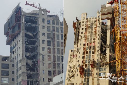 외벽 붕괴된 아파트. 유대용·박요진 기자