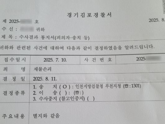 경찰 수사 결과 통지서. 연합뉴스