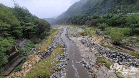 13일 강릉지역에 단비가 내리면서 그동안 말라있던 오봉저수지 상류 일원에 물줄기가 흐르고 있는 모습. 전영래 기자