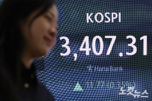 코스피가 사상 처음으로 3400선을 돌파하며 4거래일 연속 사상 최고치를 경신한 15일 서울 중구 하나은행 딜링룸 현황판에 지수가 표시돼 있다. 류영주 기자