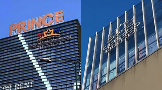 19일 오후 방문한 프린스그룹 본사 외벽(오른쪽)의 간판이 떨어져 있는 모습. 왼쪽이 원래의 모습이다. 프린스그룹·남성경 크리에이터