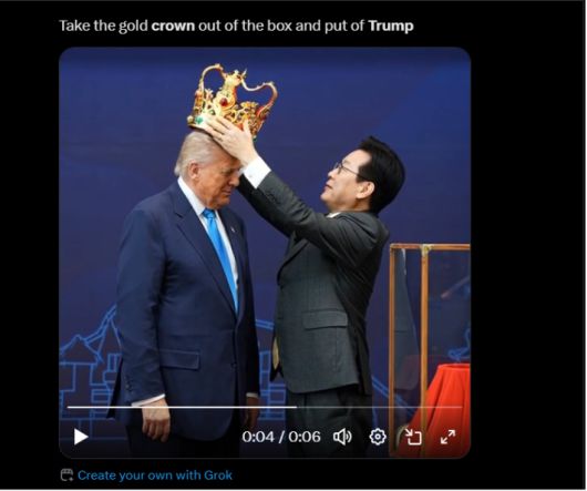 해외 이용자가 AI 도구를 활용해 만든 합성 영상. 한국 대통령이 트럼프 전 대통령의 머리에 금관을 씌우는 장면이 묘사돼 온라인에서 밈으로 확산됐다. X(옛 트위터) 캡쳐
