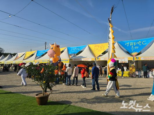 유자축제장 체험 부스 앞에 줄을 서 있다. 고영호 기자