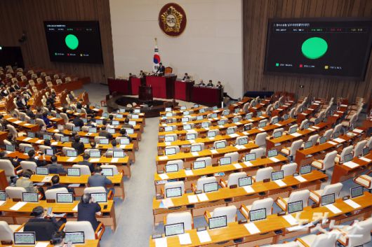 12일 서울 여의도 국회에서 열린 본회의에서 국민의힘 불참 속에 형사소송법 일부개정법률안(대안)이 가결되고 있다. 윤창원 기자