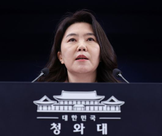 강유정 대변인이 26일 청와대 춘추관에서 이날 용산 대통령실에서 열린 위험직무 순직 유가족 초청 오찬 관련 브리핑을 하고 있다. 연합뉴스