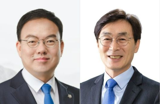 더불어민주당 박완희(왼쪽) 청주시의원과 이장섭 전 국회의원. 각 의원실 측 제공